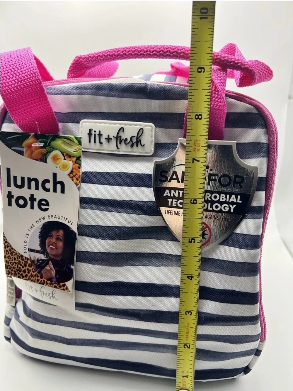NEW Fit + Fresh Striped Lunch Tote Bag Antimicrobial w/ Snack Container